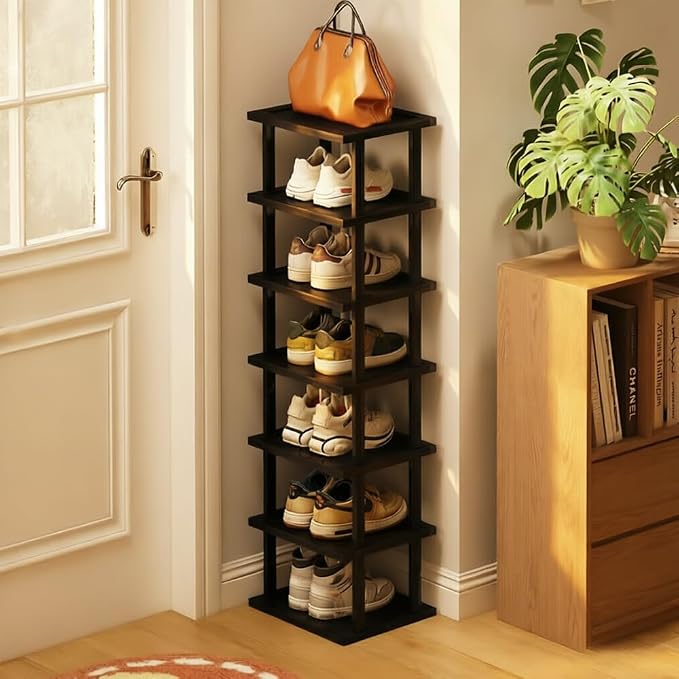 Vertical Shoe Rack - Tall Narrow Shoe Rack Organizer for Small Spaces,17 Tier Bamboo Shoen Shelf for Entryway,Closet,Corner,Doorway,Skinny Shoe Shelf Space Saving Shoe Storage,Free Stackable DIY