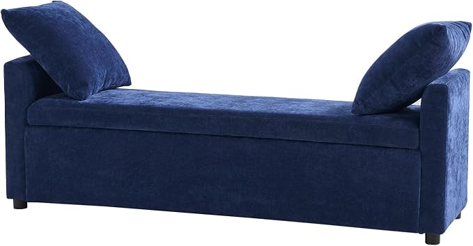 HULALA HOME 59" Storage Bench with 2 Throw Pillows & Armrests, Navy | Modern Long Bedroom Bench for End of Bed, Comfy Upholstered Fabric Footstool for Entryway Living Room