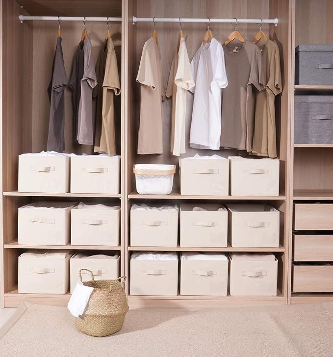 Fabric Storage Bins 10.6 x 10.6 x 11 Storage Cubes 2 Pack Warm Beige | Foldable Clothing Storage Bins, Reinforced Handles, Sturdy, Lightweight, Space-Saving, For Closet, Shelf, Nursery And Bedroom