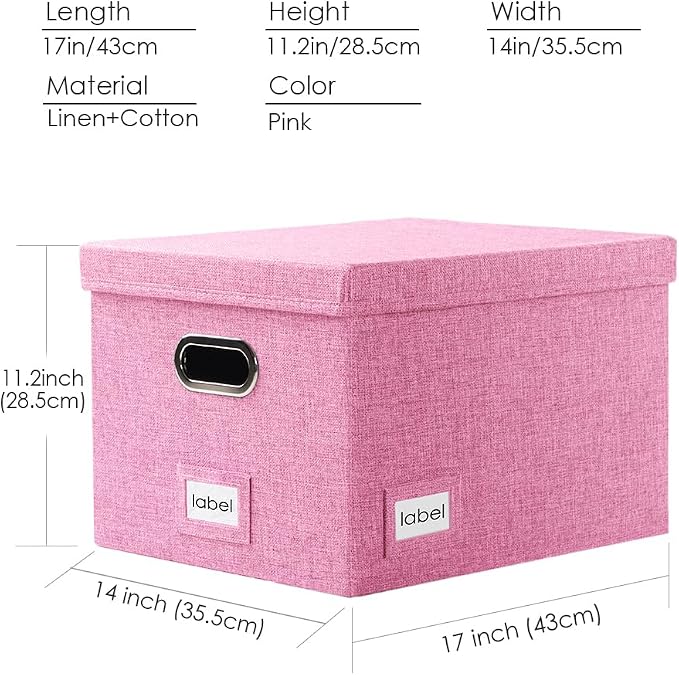 File Organizer Box - Set of 2 Collapsible Decorative Linen Filing Storage Hanging File Folders with Lids Office Cabinet Letter/Legal Size Pink (17x14x11.2 inch)