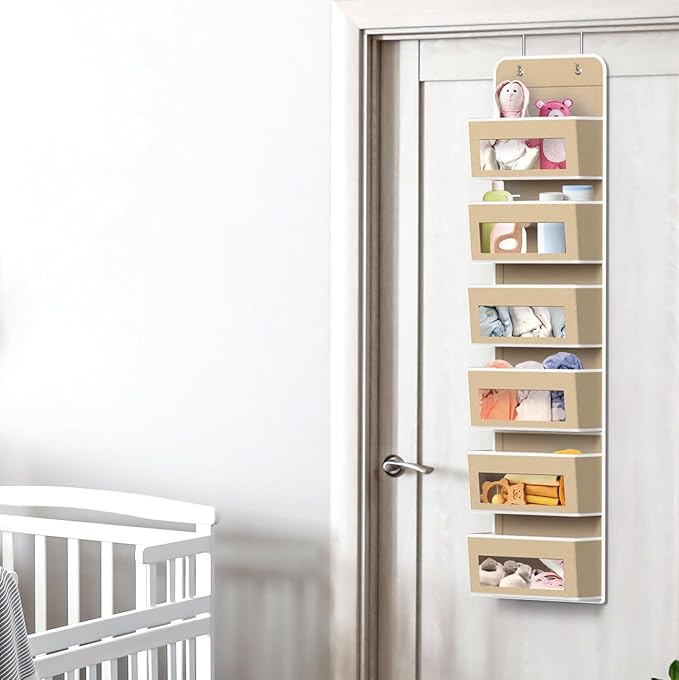 Simple Houseware 6 Clear Window Pocket Over Door Hanging Organizer, Beige | Over the Door Storage for Closet, Bedroom, Bathroom, Pantry