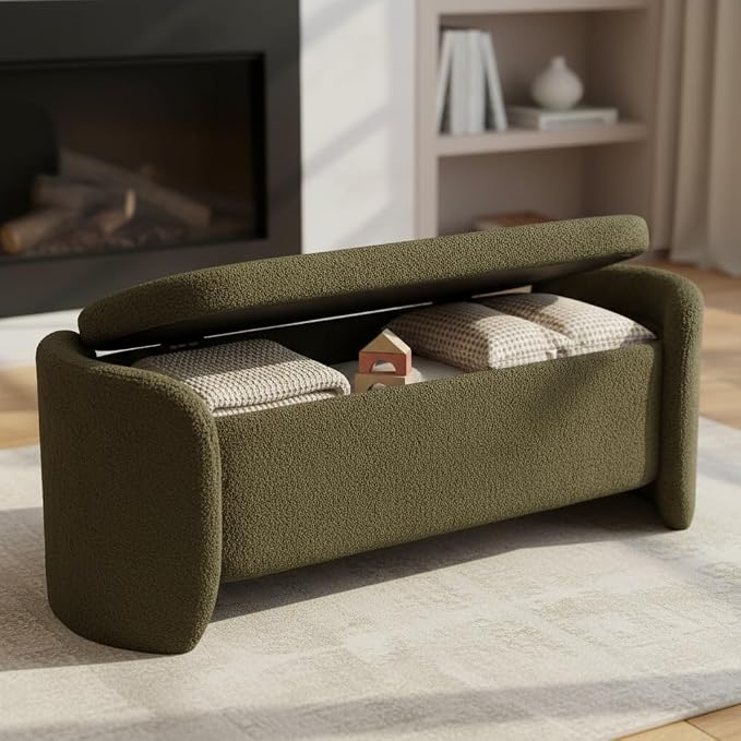LukeAlon 50 inch Storage Ottoman Bench, Upholstered Faux Leather End of Bed Bench with Large Storage, Shoe Bench for Entryway, Living Room, Bedroom, Solid Wood Frame (Christmas Tree Green)