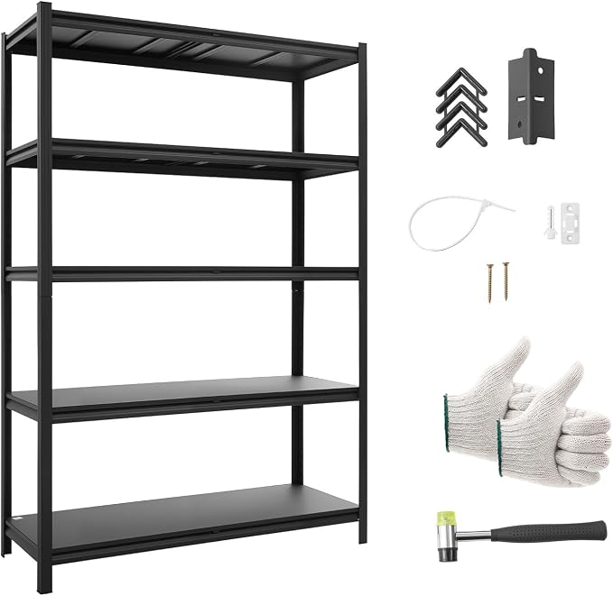 VEVOR Storage Shelves, 5-Tier Adjustable, 2500 lbs Capacity, Heavy Duty Garage Storage Shelving Unit, Metal Utility Rack Shelf, for Garage Warehouse Basement Kitchen, 48.43" W x 18.31" D x 71.38" H