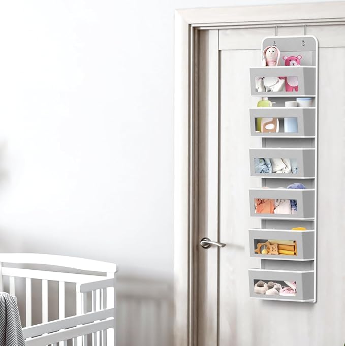Simple Houseware 6 Clear Window Pocket Over Door Hanging Organizer, Gray | Over the Door Storage for Closet, Bedroom, Bathroom, Pantry