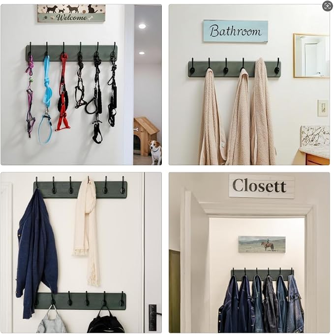 Coat Rack Wall: 24" Long, Patented, Heavy-Duty, 6-Double-Hooks Wooden Wall Mounted Coat Rack Coat Hanger Hook Rail for Winter Coats Hat Jacket Clothing, Weathered Green