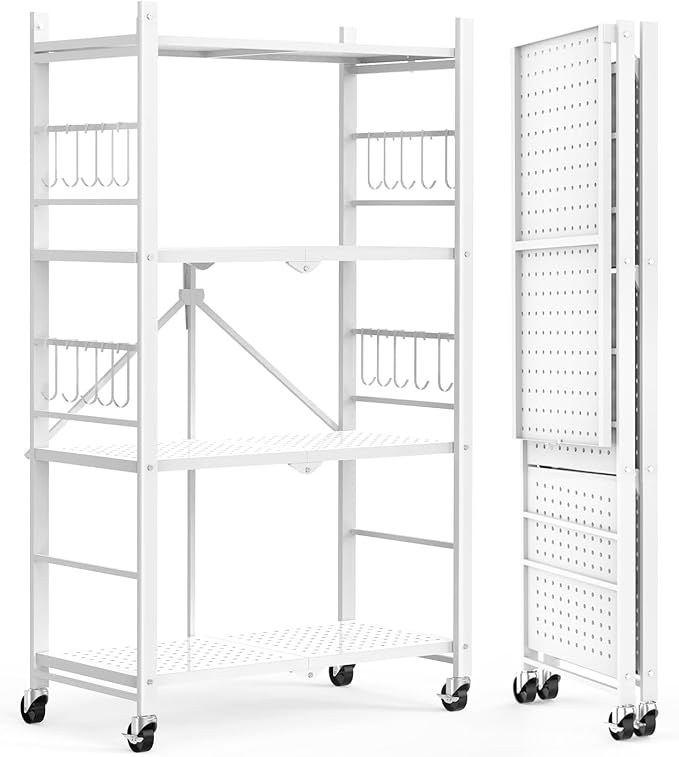 Himix Storage Shelves with 20 Hooks, 4-Tier Foldable Shelves for Storage, Folding Shelf Unit Pantry Shelves with Wheels, Metal Shelving Storage Rack Shelf for Kitchen Garage Home, White - No Assembly | Metal collapsible organization, Folding shelves ra...