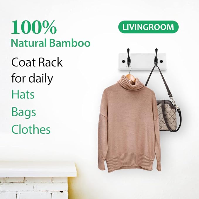 Badiano Wooden Coat Rack, Wall-Mounted Organizer for Closet, Entryway, Hallway, Foyer, Bedroom, Heavy Duty Double Hooks for Hanging Towels, Bags, Hats, Jackets, Key (WhiteBlack, 2 Hooks)