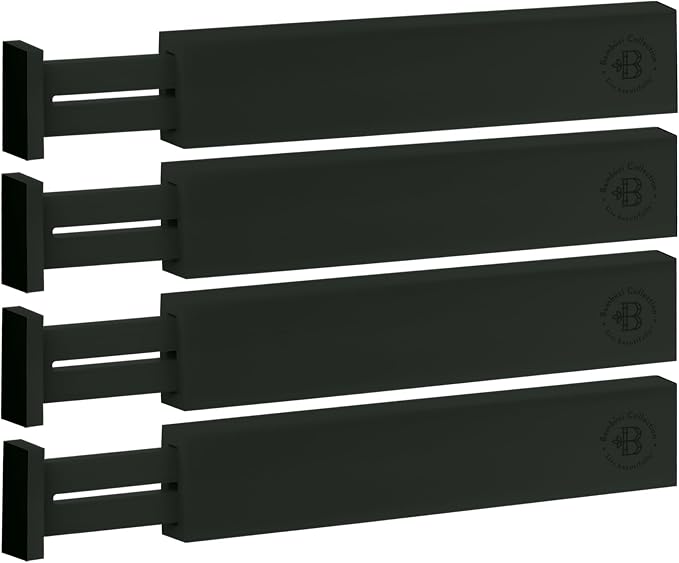 4-Pack Bamboo Drawer Dividers - 2.6 Inches High, Adjustable 16 to 22 Inches Expandable Drawer Organizers and Dresser Separators for Clothes, Utensils, Bedroom, Bathroom, Kitchen, Office, Black Wood