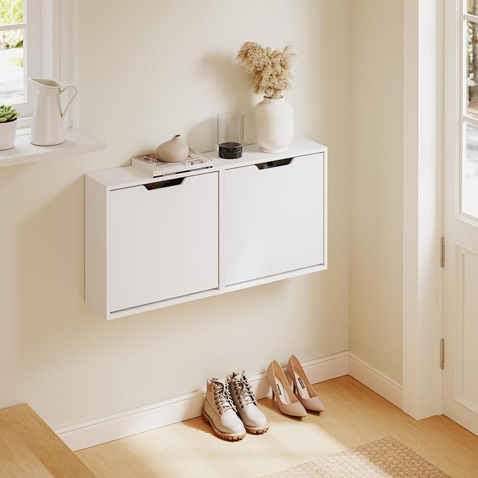 Haotian Wall Mounted Slim Shoe Cabinet for Entryway | Narrow Shoe Rack with 2 Flip Drawers, Hidden Shoe Storage Organizer, Anti-Tip Design, White, FSR210-W