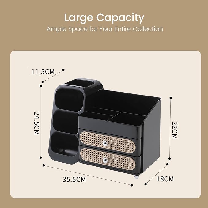 Aveniee Makeup Organizer with Drawers, Large Bathroom Countertop Organizer for Vanity, Desk Cosmetics Storage for Perfume Brushes Skincare Eyeshadow Lotions Lipstick-Black