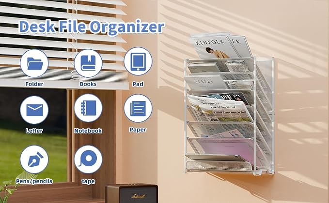 Simple Trending Wall File Organizer, Mesh 7-Tier Vertical Hanging File Holder, Desktop Metal Files Rack for Office and Home, Black