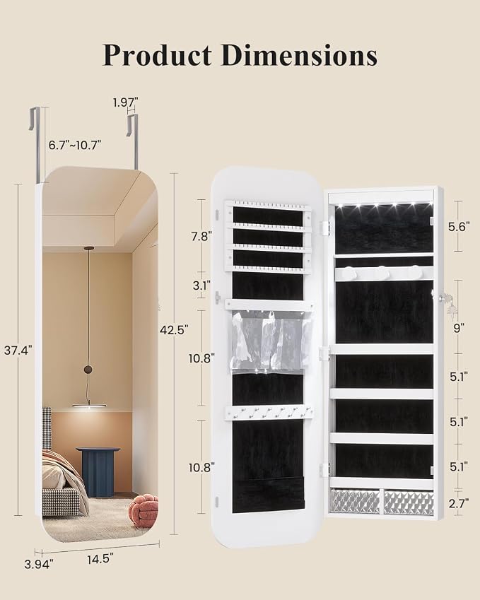 6 LEDs Mirror Jewelry Cabinet Door Hanging, 42.5", Lockable, White | Jewelry Organizer with Full Length Mirror, Wall Mounted Large Jewelry Storage for Earrings, Rings, Necklaces