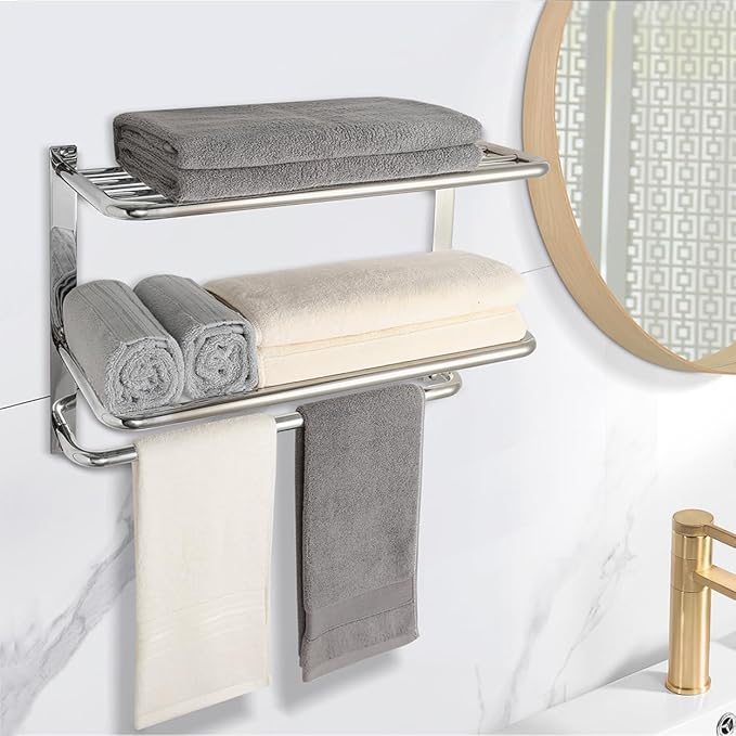 Towel Rack for Bathroom, DEWVIE 23 Inch Tower Holder with Tower Bars, SUS 304 Stainless Steel Lavatory Bath Towel Shelf Towel Hanger Wall Mount, 3-Tier (Brushed Nickel)
