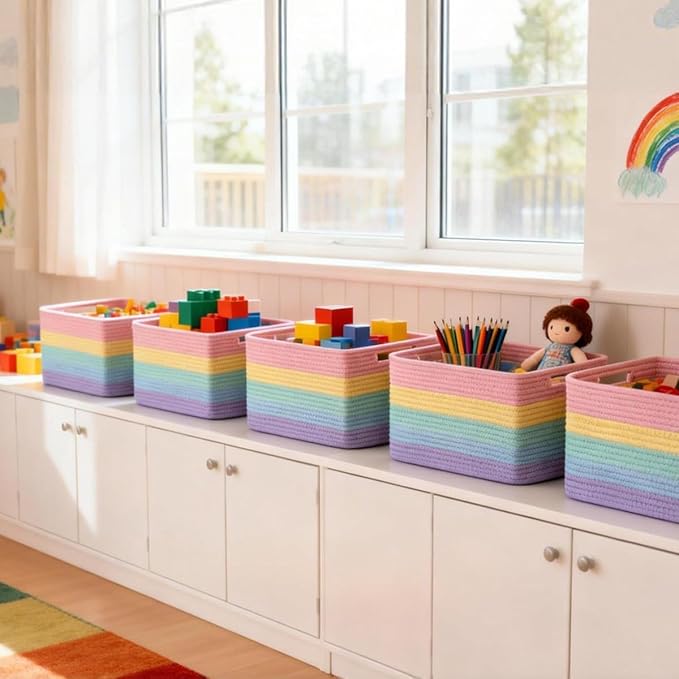5 Pack Rainbow Woven Storage Baskets for Shelves, Decorative Toy Baskets Organizer for Kids Room, Nursery, Playroom, Classroom – Colorful Cotton Rope Toy Storage Bins for Organizing & Decor