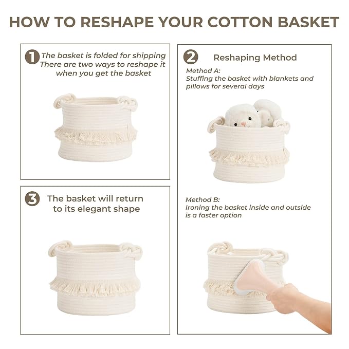 CherryNow Small Woven Rope Baby Basket with Tassel, 9.5" x 7", Off-White | Cute Storage Basket for Baby Shower, Toys & Daily Essentials, Fits Nursery Living Room Decor, with Knotted Handles