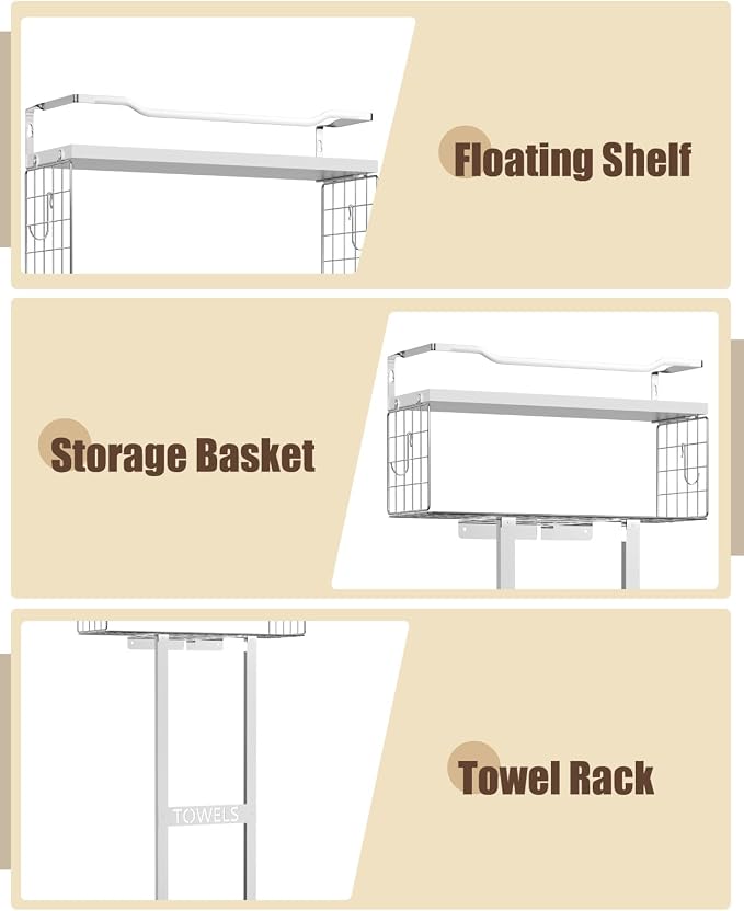 Aetyord Towel Racks for Bathroom - Wall Mounted Metal Rack with Wood Plank, Bathroom Storage Organizer, Towel Holder Stores 6 Large Rolled Towels Easily, Silver with White Plank