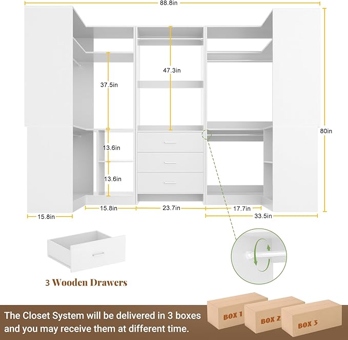 Aheaplus Closet System with 3 Drawers, 5 Hanging Rods & Corner Tower, Corner Closet System with Hanging, 88.8" U-Shaped Walk-In Wardrobe Organizer, 2000+ lbs Capacity, Set of 3,White