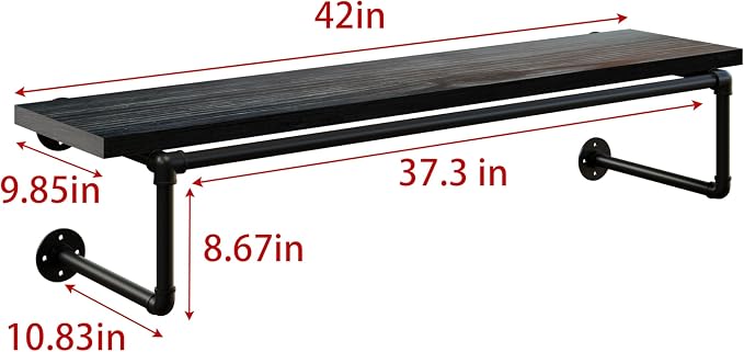 Clothes Rack 42in, Wall Mounted Garment Racks with Real Black Wood Shelf, Heavy Duty Hanging Clothes Rack, Multi-Purpose Hanging Rod, Space-Saving Closet Storage
