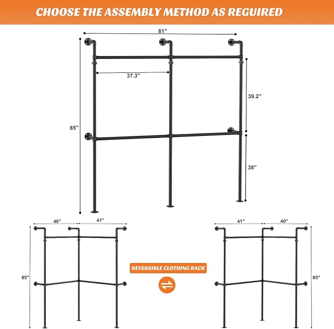 Aheaplus Industrial Pipe Clothing Rack, Reversible 6.75FT Clothes Rack for Hanging Clothes, Heavy Duty Garment Racks, Wall Mounted Closet Wardrobe Racks, Corner L Shaped Walk-in Closet System, Black