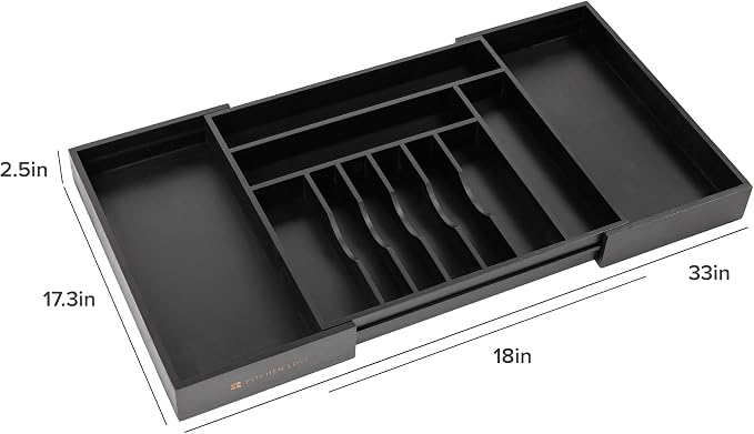 KitchenEdge Silverware & Utensil Drawer Organizer, 18-33 in, Black Bamboo | Cutlery, flatware, food-safe contract grade, kitchen drawer fit