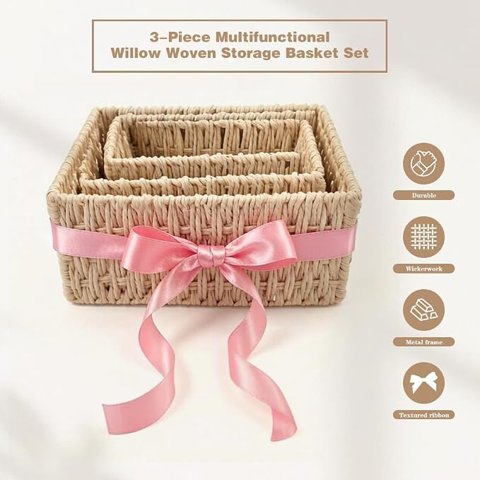 Small Wicker Basket 3-Piece Set: Handwoven Natural Paper Rope Storage Baskets for Organization, Storage, and Home Decor (With a ribbon)