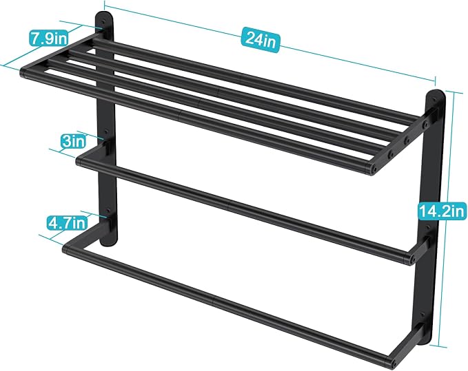 VOTZAAQ Towel Racks for Bathroom, 24 in Black Towel Shelf with Double Towel Bar, 3 Tier Stainless Steel Towel Storage, Bath Towel Holder Wall Mounted for Lavatory Organizer Decor RV Camping