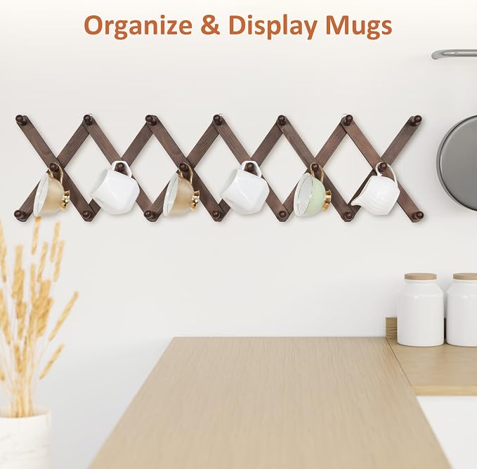 Accordion Wall Hanger, Hat Rack for Wall with 20 Coat Hooks, Expandable Hat Hangers Organizer, Vintage Decorative Coat Rack Wall Mount for Purse, Mug (Brown)