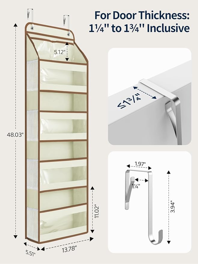 Yecaye 5 Tier Over the Door Organizer, Swing-proof Door Organizer Hanging with Clear PVC Windows, Behind the Door Storage for Bedroom Nursery Closet Laundry Pantry Bathroom, Beige