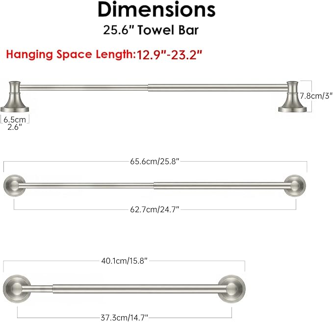 BESy Towel Racks for Bathroom Wall Mounted Bath Towel Bar Brushed Nickel | Adjustable 16-26 In, Wall Mounted Towel Holder, Stainless Steel, Rustproof, Towel Bar Rod Hanger Hardware Accessories Hotel