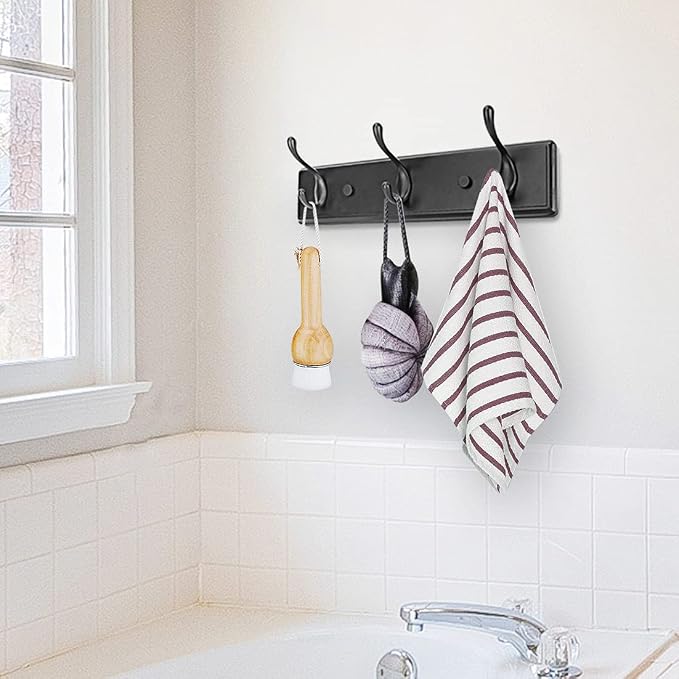 Badiano Wooden Coat Rack, Wall-Mounted Organizer for Closet, Entryway, Hallway, Foyer, Bedroom, Heavy Duty Double Hooks for Hanging Towels, Bags, Hats, Jackets, Key (Black, 3 Hooks)