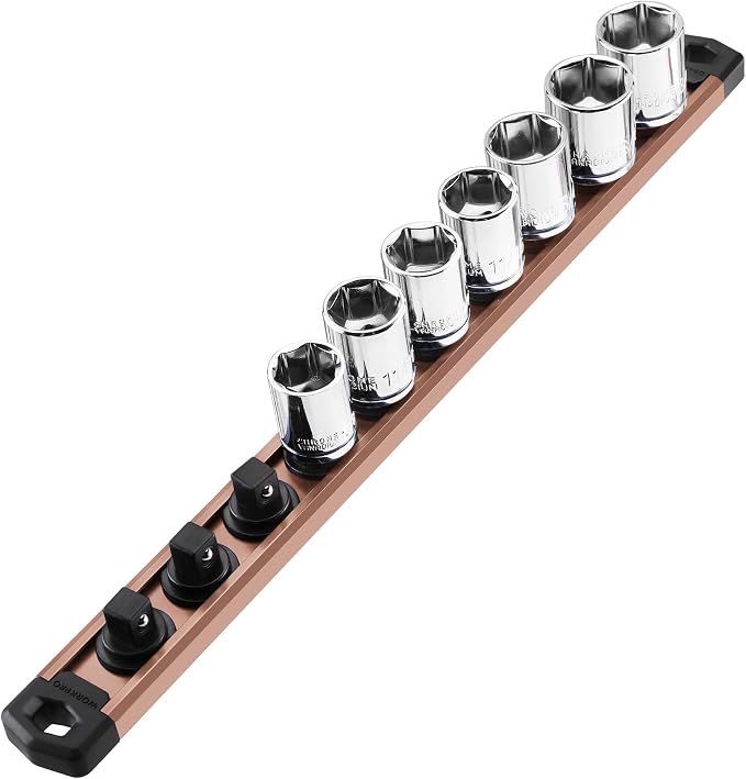 WORKPRO Magnetic Socket Organizer, Heavy Duty 3/8-Inch Drive Socket Rail | 1 Piece Socket Holder with 10 Spots, Aluminum Alloy, Rotatable & Movable Clips, Efficient Organization