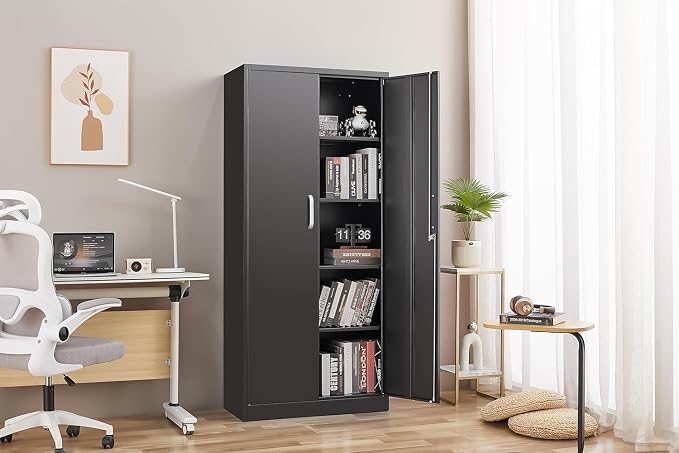 Guizeeopo Metal Storage Cabinet with Adjustable Shelves, Garage Storage Cabinets with Doors and Shelves, File Cabinets for Home Office, Kitchen Pantry Cabinet, 71'H, Black