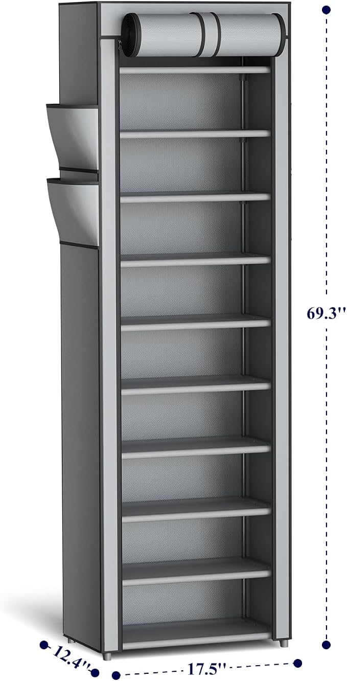 Kitsure 10-Tier Shoe Rack with Cover, Vertical Shelf, 17.5" Wide, Grey | Space Saving Shoe Storage with Side Pocket, Shoe Organizer for Closet, Entryway, Bedroom, Zapateras Organizer