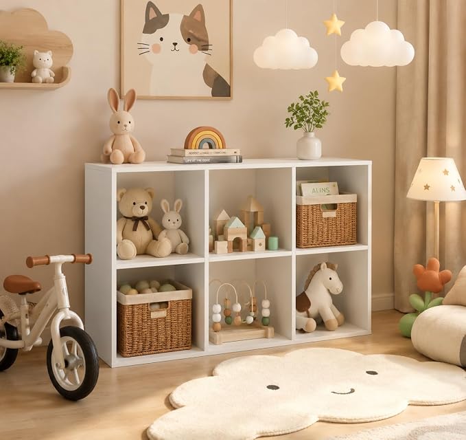 POWERSTONE 6 Cube Storage Organizer, Open Cube Bookshelf with Back Panels, Modern Display Cubby Bookcase for Bedroom Living Room Home Office, White