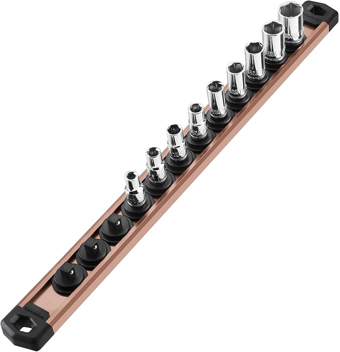 WORKPRO Magnetic Socket Organizer, Heavy Duty 1/4-Inch Drive Socket Rail | 1 Piece Socket Holder with 12 Spots, Aluminum Alloy, Rotatable & Movable Clips, Efficient Organization