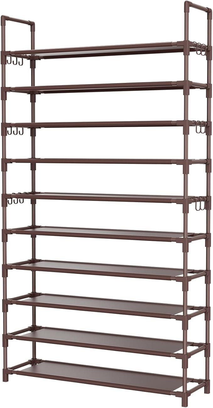 LANTEFUL Tall Shoe Rack 10 Tier Shoe Organizer Large Shoe Shelf with 18 Hooks Storage for 50 Pair Sneaker and Boot, Stackable Vertical Shoe Rack Organizer for Closet, Entryway, Bedroom, Brown