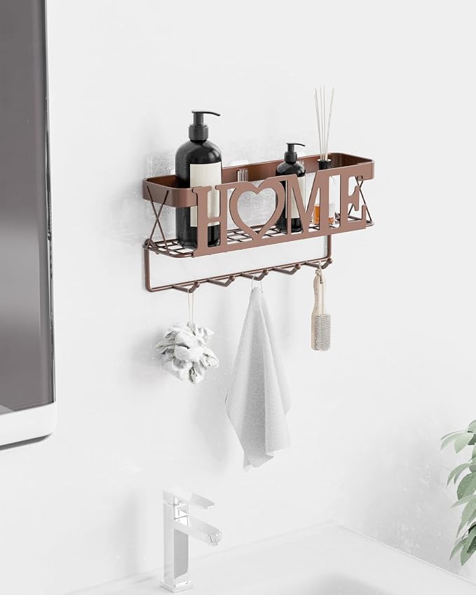 Key Holder Wall Mount - Adhesive Key Holder with 5 Hooks, Key Rack and Mail Organizer, Metal Basket Key Hanger for Entryway, Home, Living Room Decor, 11" L×2.8" W×4.9''H(Bronze)