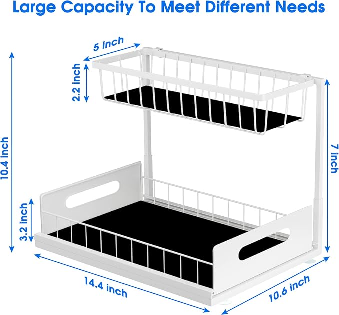 Under Sink Organizer, 2 Tier Pull-Out Cabinet Storage Shelf, Rust-Resistant Metal Organizer for Kitchen Bathroom Laundry Room, No Tools Installation, 1 Pack White