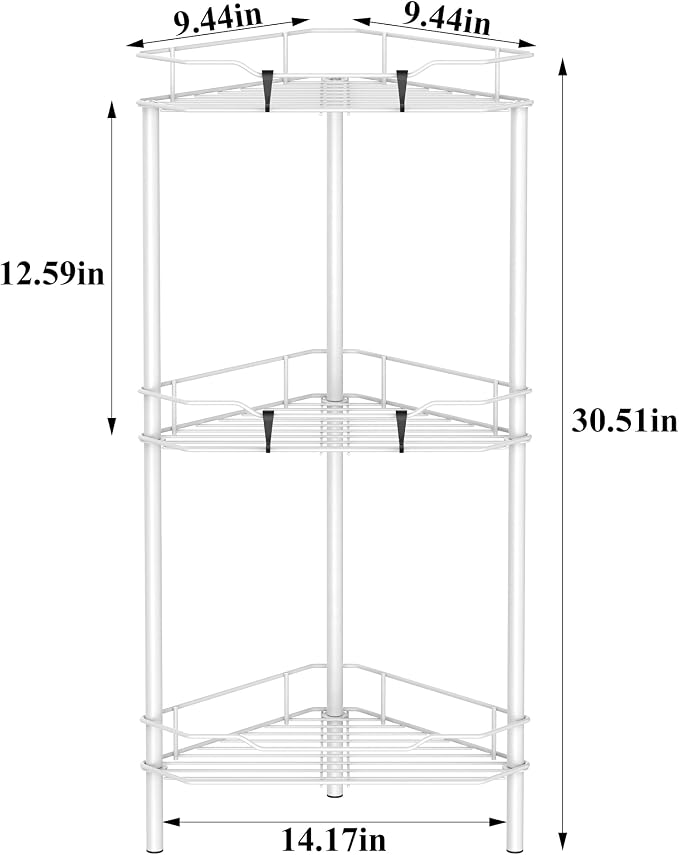 HuggieGems 3 Tier Floor Standing Corner Shower Caddy Organizer Shelf with Hooks, Bathroom Shelves Stand Rack, White