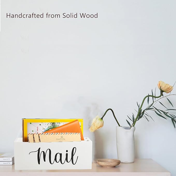 DRASTAR Mail Organizer, Mail Holder with 2 Slots, White Mail Basket for Wall Mount, Wooden Desk Mail Organizer, Envelope Holder for Home Office Decor