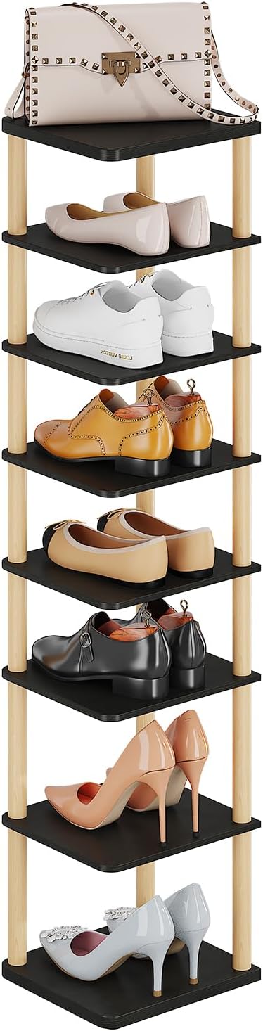 8 Tiers Vertical Shoe Rack, Tall Narrow Shoe Tower, Corner Shoe Rack, black | Small Shoe Organizer for Entryway, Closet, Dorm & Small Spaces, Freestanding Wooden Shoe Shelf for Boots, Sneakers, Heels.