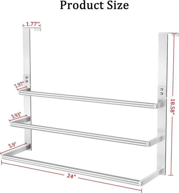 24Inch Brushed Nickel Over the Door Towel Rack, VOTZAAQ Stainless Steel Over Door Towel Holder, Door Towel Hanger with 3 Tier Towel Bars, Over Door Towel Storage for Bathroom
