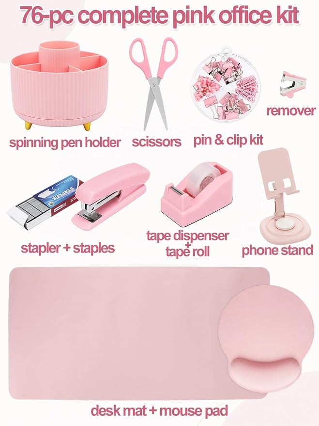 76Pcs Pink Desk Accessories Set, Office School Supplies for Women Girls | Cute 360° Rotating Pen Holder for Desk/Mat/Wrist Rest Mouse Pad/Phone Stand and More, for College Teacher Back to School