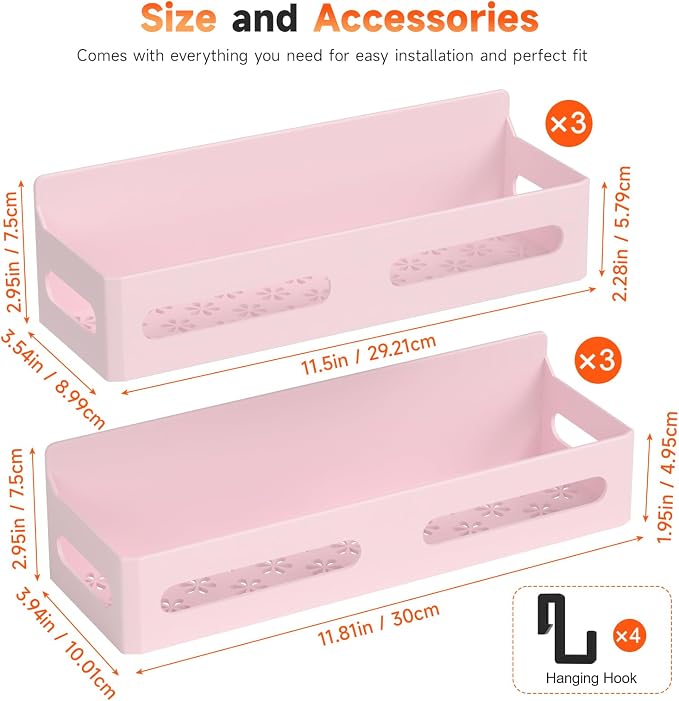 Sevenblue 4-Pack Magnetic Spice Rack for Refrigerator with Hooks, Pink | Strong multipurpose magnetic shelf for kitchen & bathroom organization. Includes 4 removable hooks for hanging items.