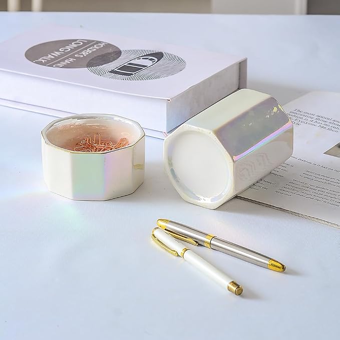 Desk Organizer Set of 2 For Office, Iridescence Pen Holder and Paper Clip Holder, Ceramic Cute Pencil Cup, Paper Clip Dispenser for Desktop, Makeup Brush Holder (Pearl)