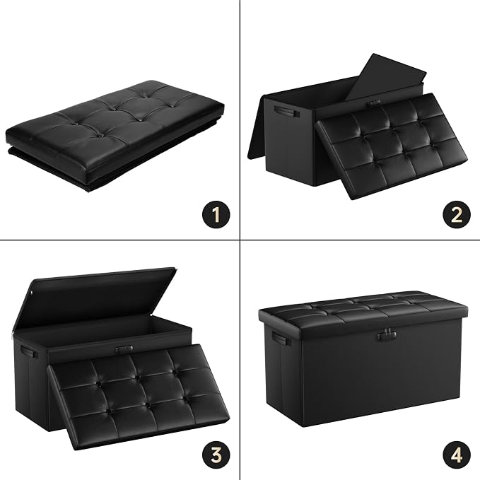 ENGPOW Storage Ottoman Bench,Fireproof Folding Bench with Lock,30 Inches Fire&Water Resistant Storage Chest Foot Rest Stool Leather Bedroom Bench with Storage Safe for Document,Valuables,Black