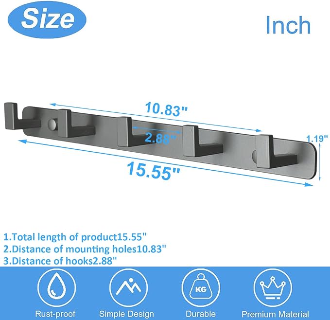 Coat Rack, Heavy Duty Stainless Steel 5 Tri Coat Hook Hanger, Wall Mounted Storage Wall Hooks, Rustic Clothes Hook/Key Hook Rail for Bathroom Kitchen Entryway(5 Hook Grey)