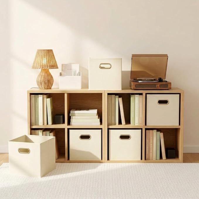Fabric Storage Bins 6 Piece Set, Strong Poly-Woven Fabric, Sturdy Chipboard Sides, Grommet Front Handle, Stackable and Foldable, Classic Design, Cream