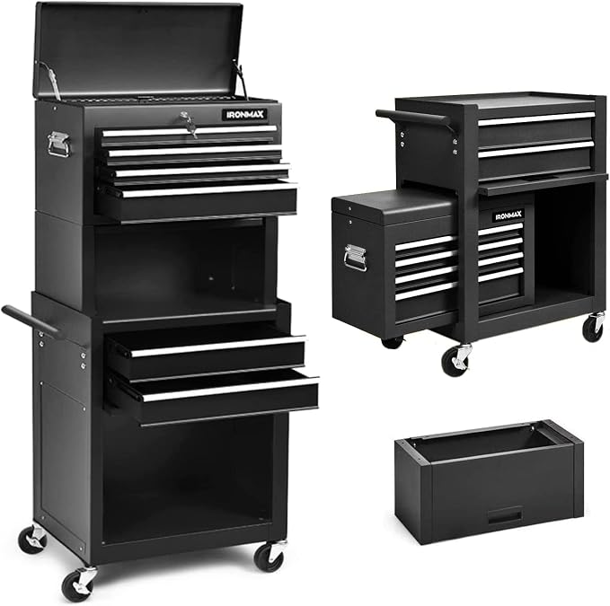 Goplus Tool Chest, 3-in-1 Rolling 6 Drawers Tool Cabinet with Detachable Top Toolbox, Middle Tool Storage, Universal Lockable Wheels, Protective Liner, Auto Lock, Metal Tool Box for Garage Workshop