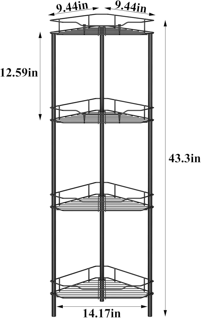 HuggieGems 4 Tier Floor Standing Corner Shower Caddy Organizer Shelf with Hooks, Bathroom Shelves Stand Rack, Black